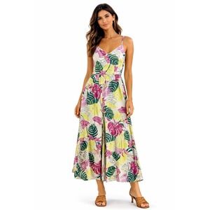Nicole Miller Linen Blend Tropical Wide Leg Jumpsuit Overalls Women L Yellow NEW